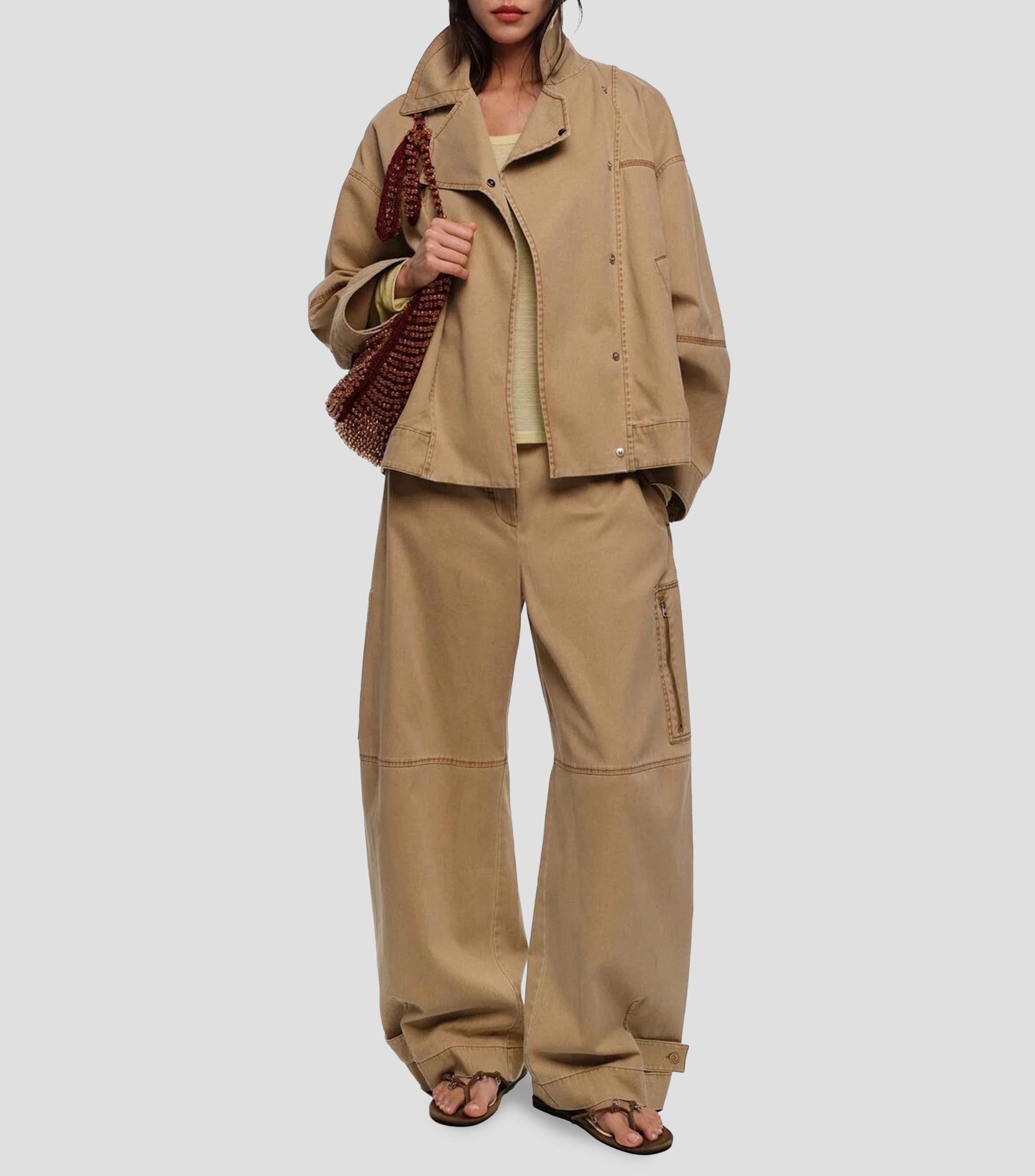 Pantalón barrel ajustable algodón camel Mujer